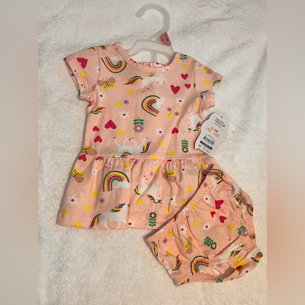 NWT Wonder Nation Baby Girls Dress & Bloomers 0-3M  Unicorn Rainbow Pink Short
